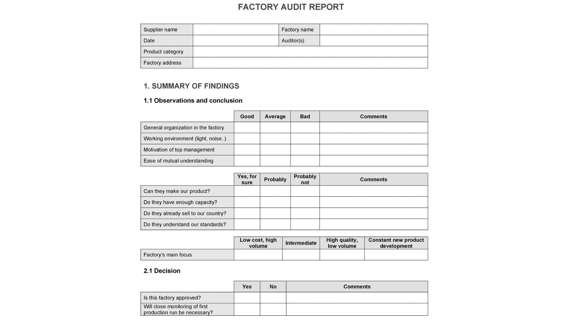 Example of a factory assessment report template